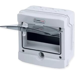 Tehnoplast Pintakotelo 8MOD IP65. Läpivientitiivisteet paikoillaan sekä Pe/N kiskot.